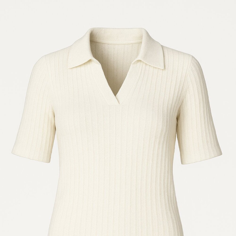 Bailey 44 Fuzzy Ribbed Polo Sweater White Short Sleeve V-Neck Collared Top XS